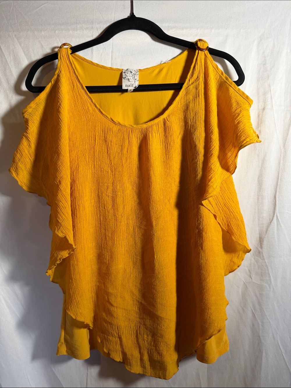 NAIF Mustard Yellow Ring-Shoulder Flutter Sleeve Blouse
